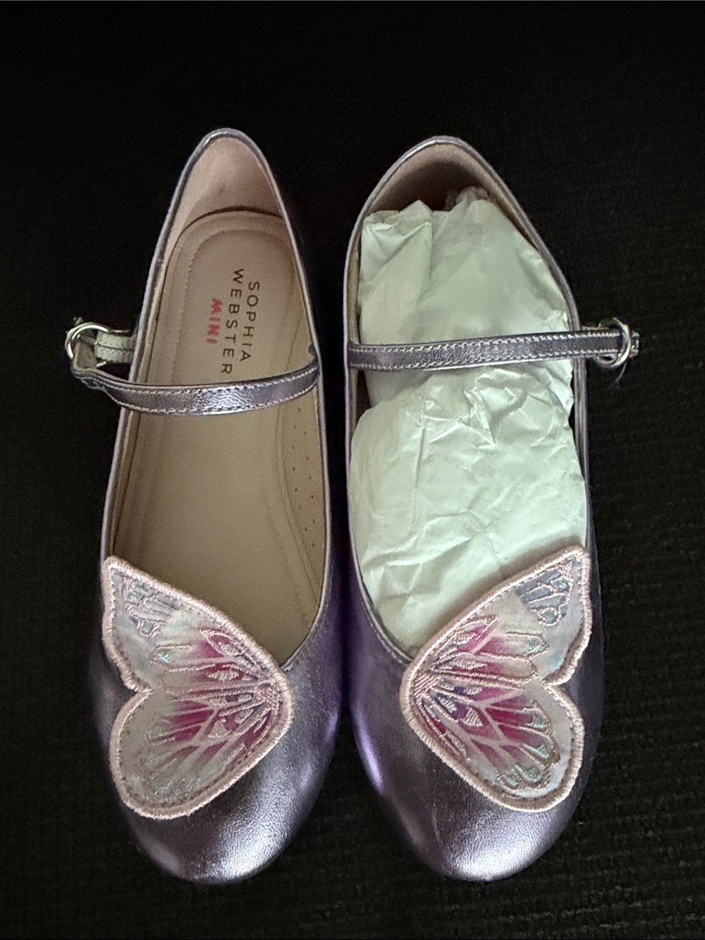 Sophia Webster Girls' Metallic Purple Butterfly Mary Jane Flats size 32- new